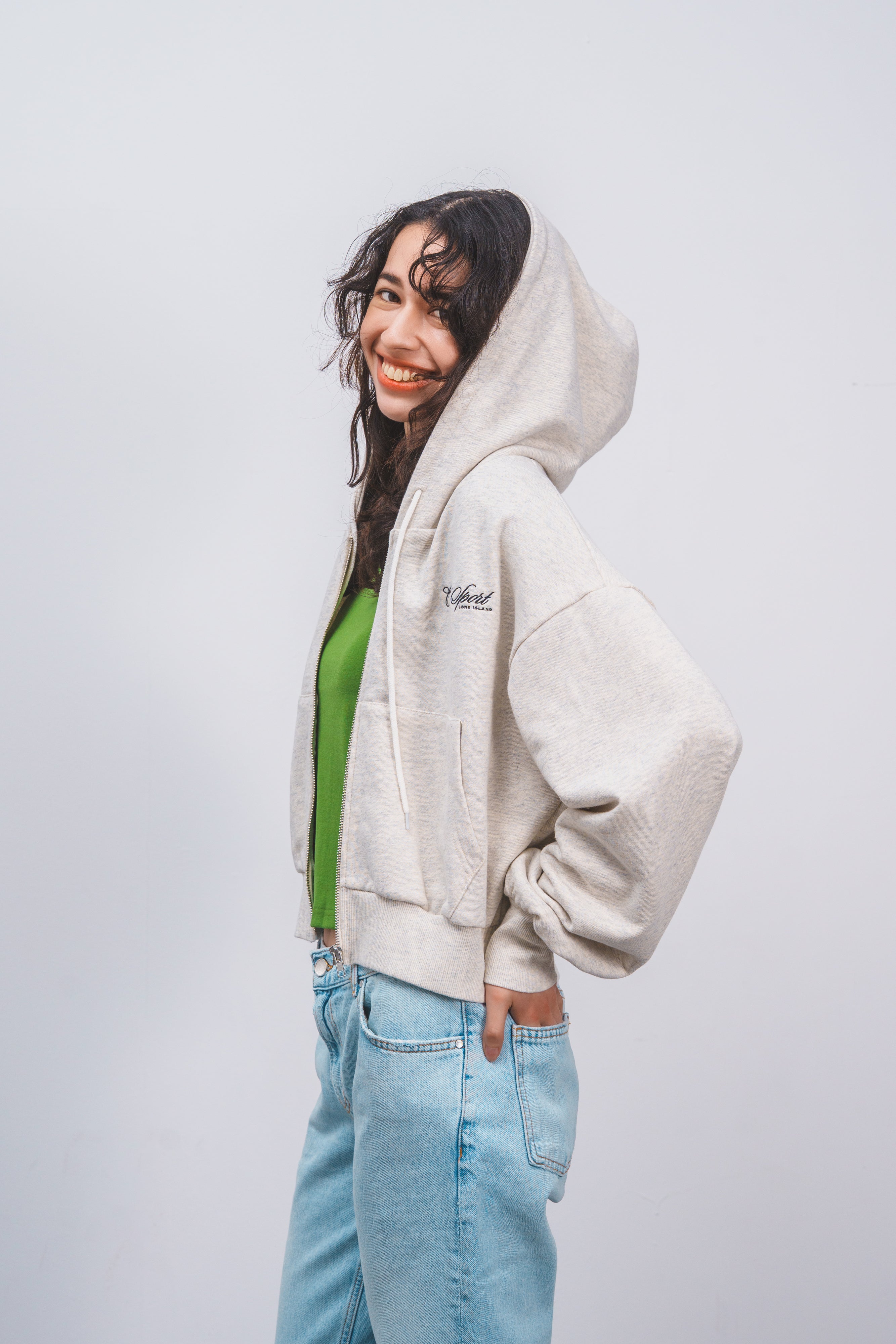 Old Sportロゴ刺繍ジップパーカー LGRAY