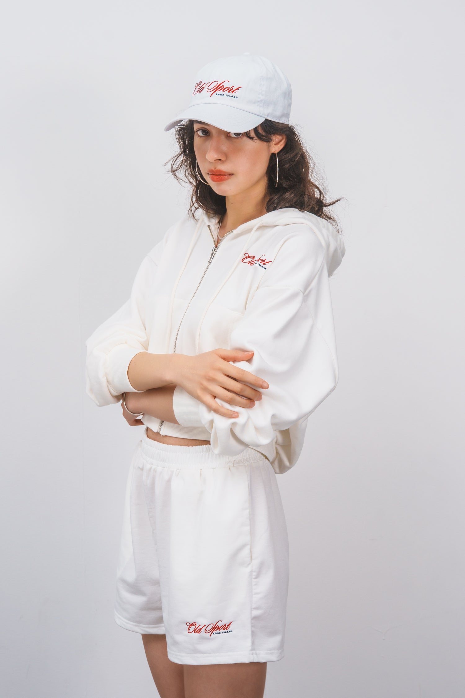 Old Sportロゴ刺繍ジップパーカー　WHITE