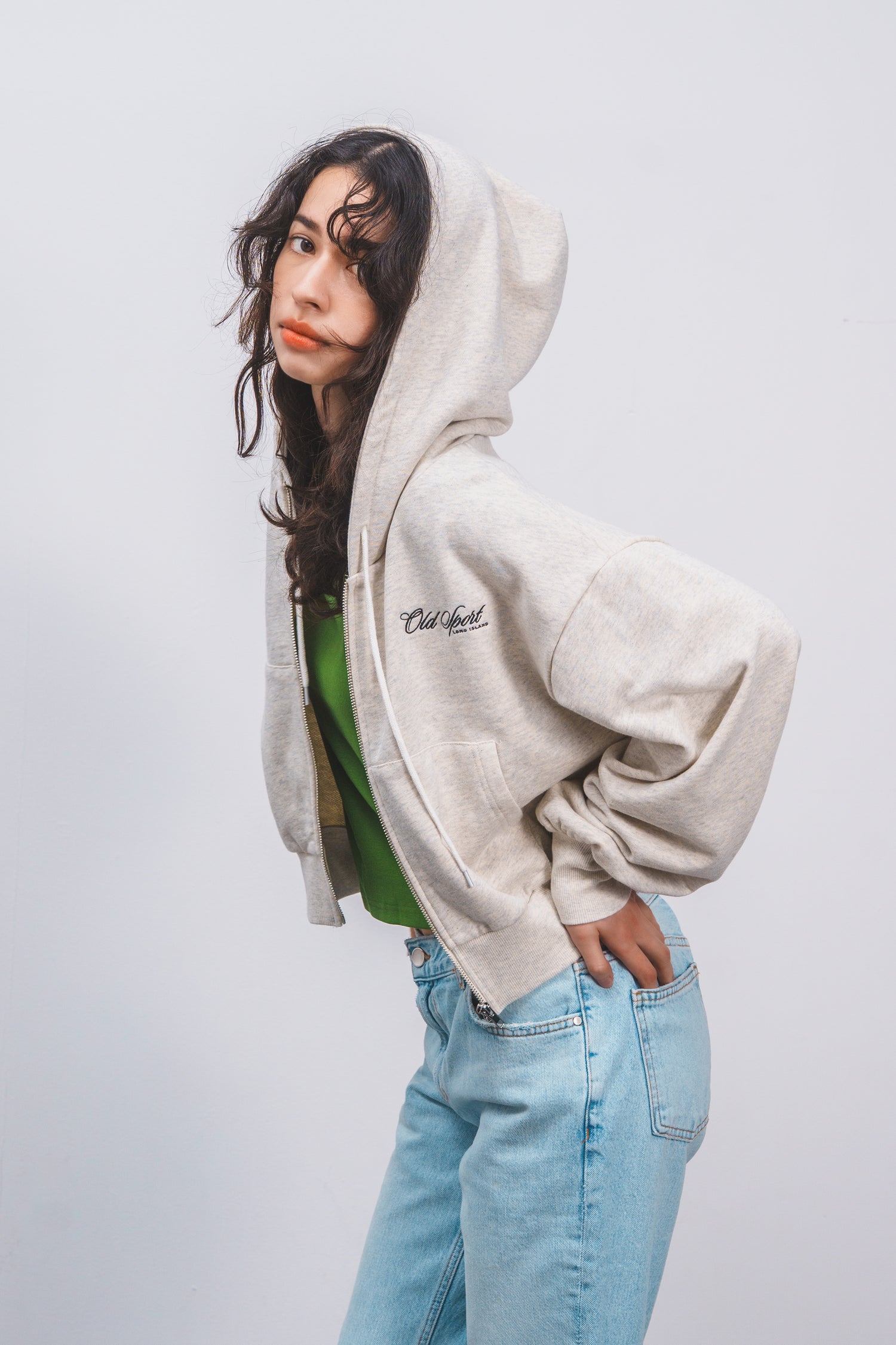 Old Sportロゴ刺繍ジップパーカー　LGRAY